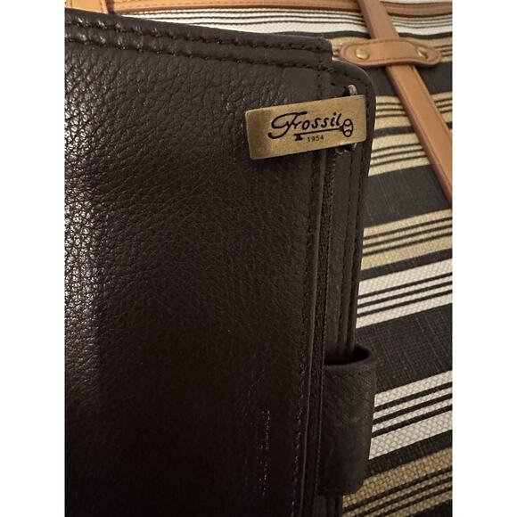 EUC Fossil Felicity Tote Brown Black White Yellow Stripe AND Leather Wallet - Picture 13 of 16